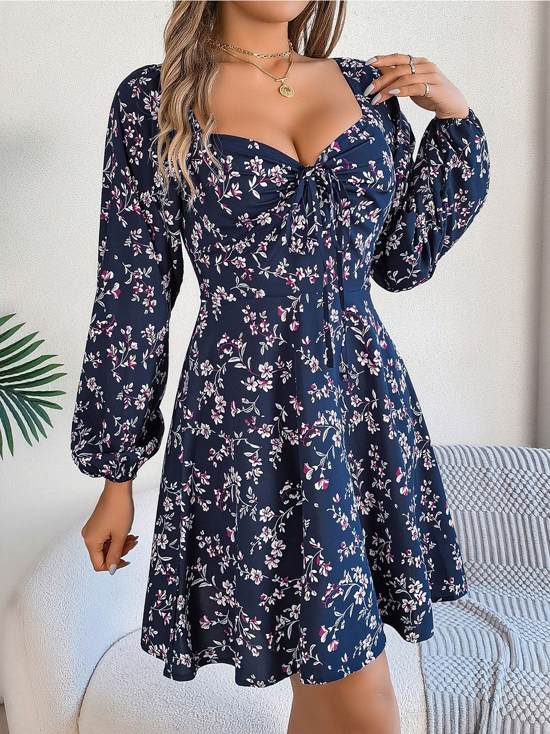 

HERE&NOW Women Floral Printed Sweetheart Neck Long Puff Sleeve Fit & Flare Aboe Knee Dress, Navy blue