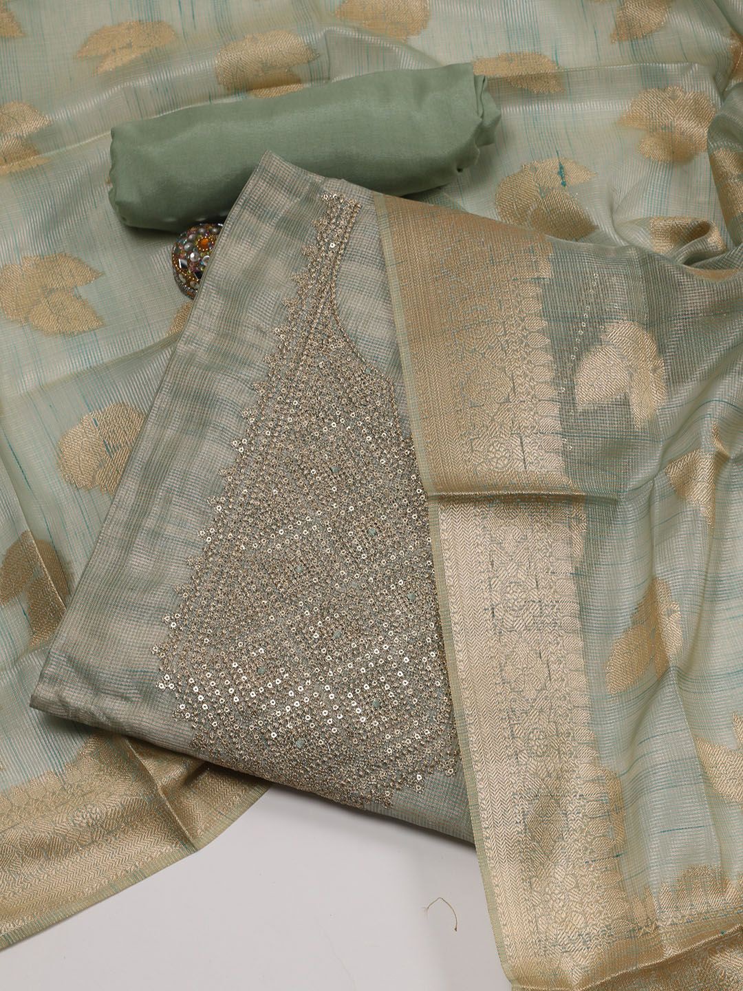 

Meena Bazaar Ethnic Motifs Embroidered Unstitched Dress Material, Sea green