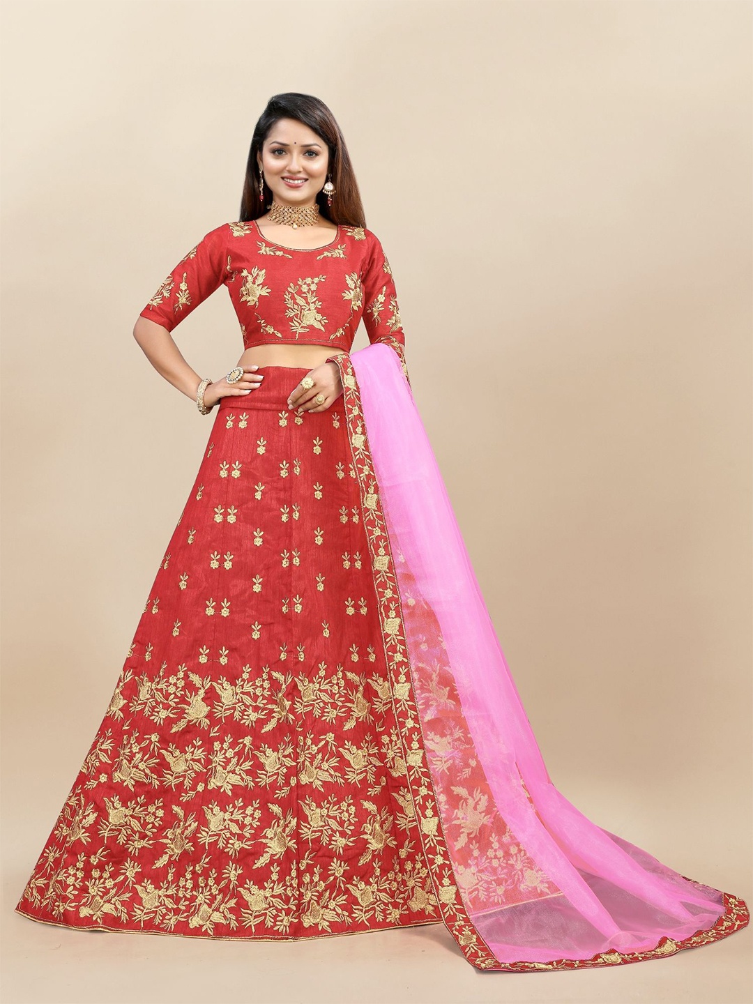 

LADY SHOPI Embroidered Semi-Stitched Lehenga & Unstitched Blouse With Dupatta, Red