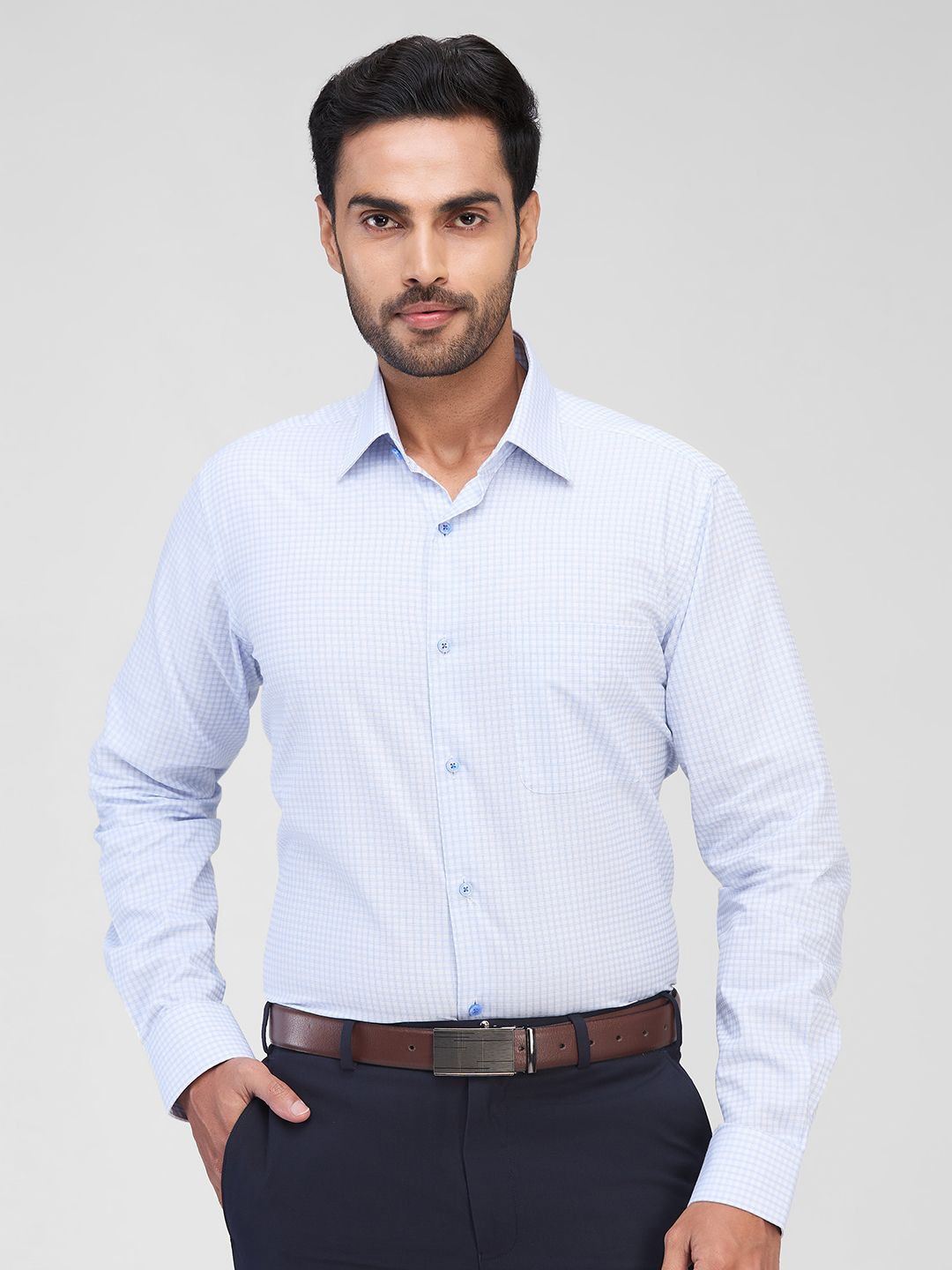 

Raymond Men Contemporary Spread Collar Micro Checked Cotton Formal Shirt, Blue
