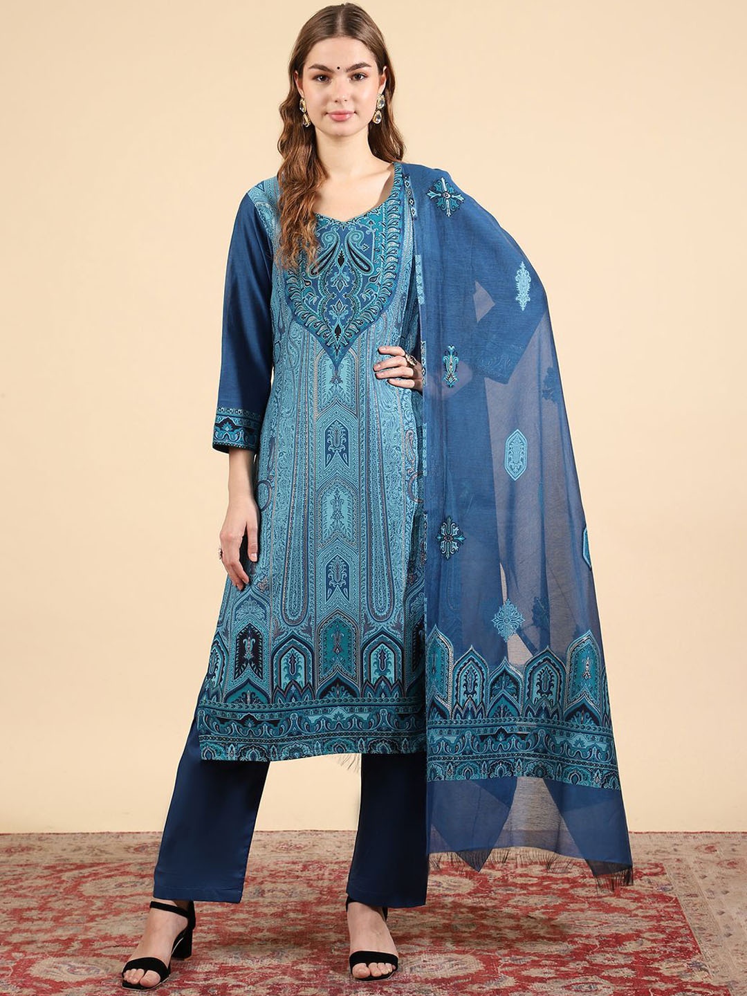 

KIDAR Ethnic Motifs Woven Design Jacquard Straight Kurta With Trousers & Dupatta, Blue
