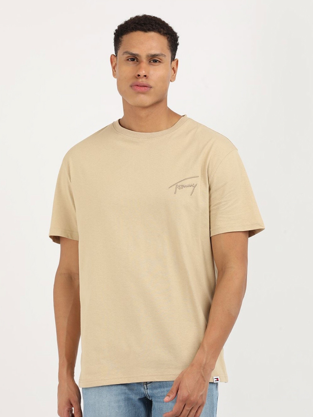 

Tommy Hilfiger Men Brand Logo Printed Round Neck Cotton T-shirt, Beige