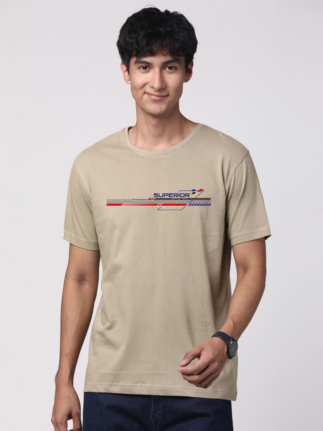 

ADRO Men Graphic Printed Round Neck Cotton T-shirt, Beige