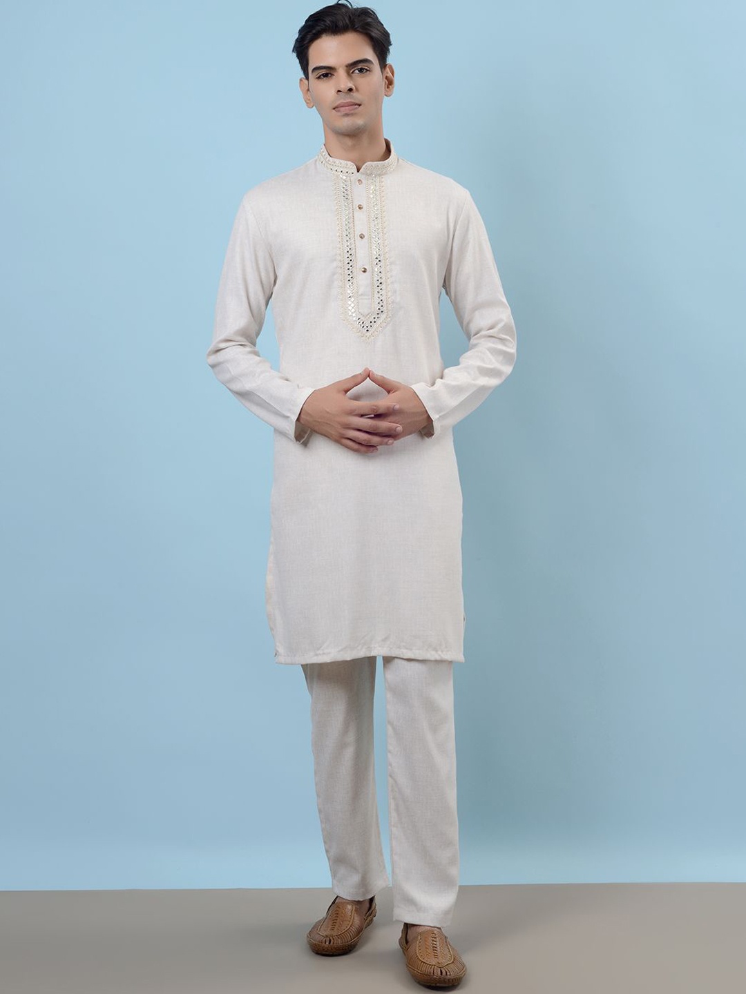 

azania Floral Yoke Design Mirror Work Mandarin Collar Straight Kurta with Pyjamas, Beige