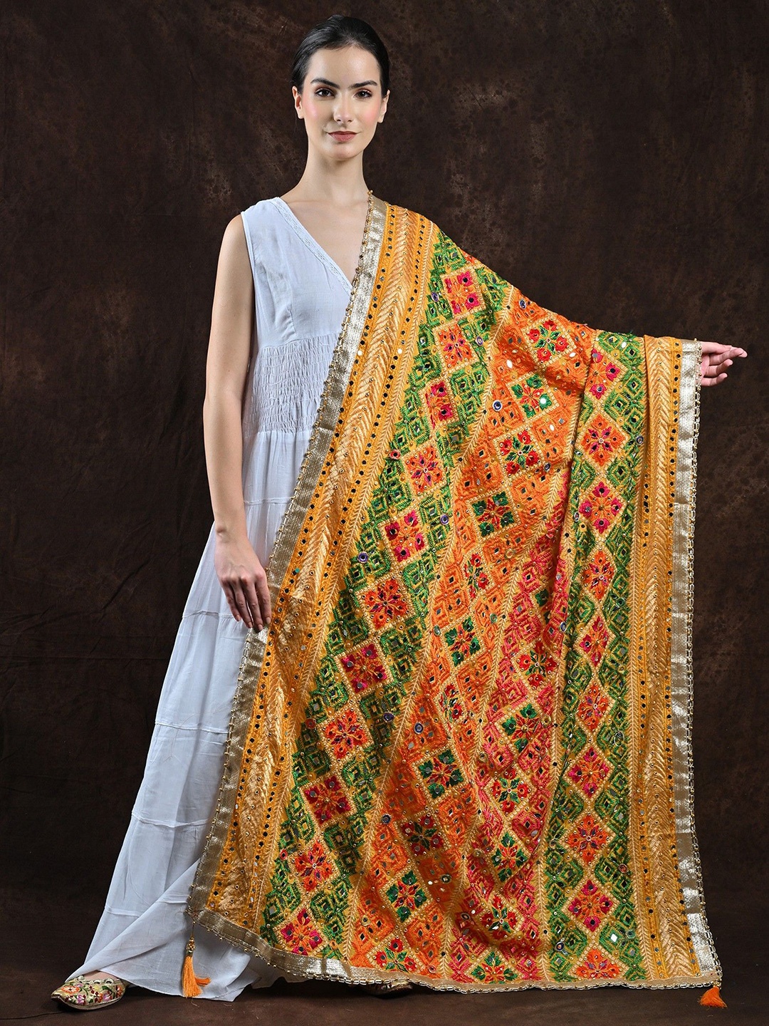 

Exotic India Spectra Yellow Reversible Jamawar Stole with Woven Paisley & Flower in Thread