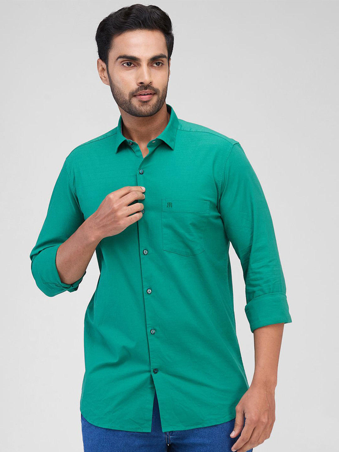 

Raymond Men Contemporary Spread Collar Solid Cotton Casual Shirt, Green
