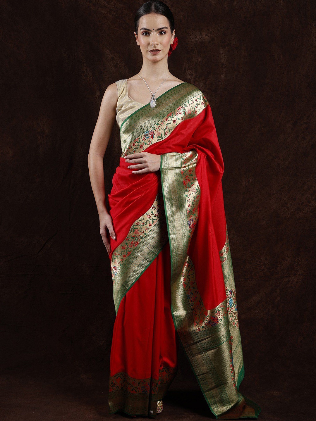 

Exotic India Women Paithani Saree with Woven Peacock Border & Aanchal, Red
