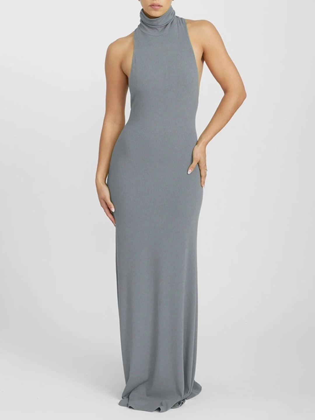 

KPOP High Neck Solid Sheath Maxi Dress, Grey