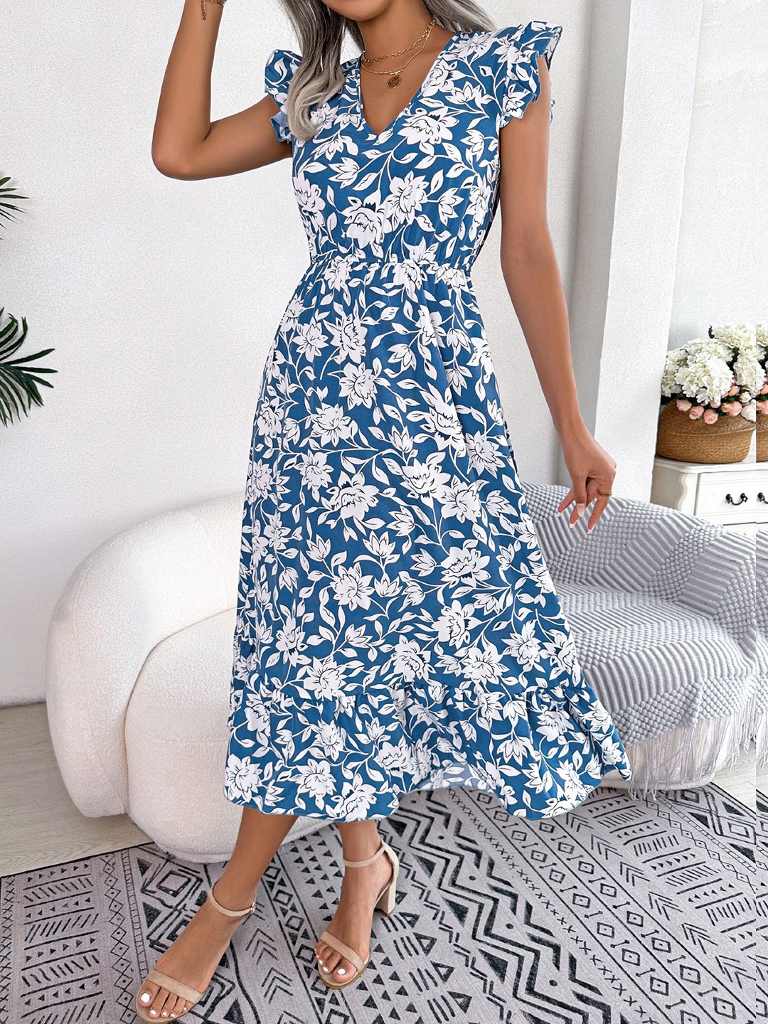 

HERE&NOW Women Floral Printed Fit and Flare Dress, Blue