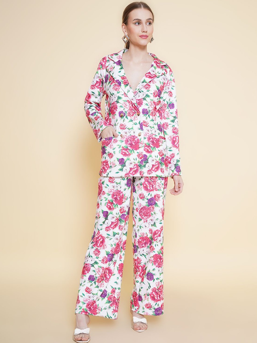 

BAESD Floral Printed Single-Breasted Blazer, White
