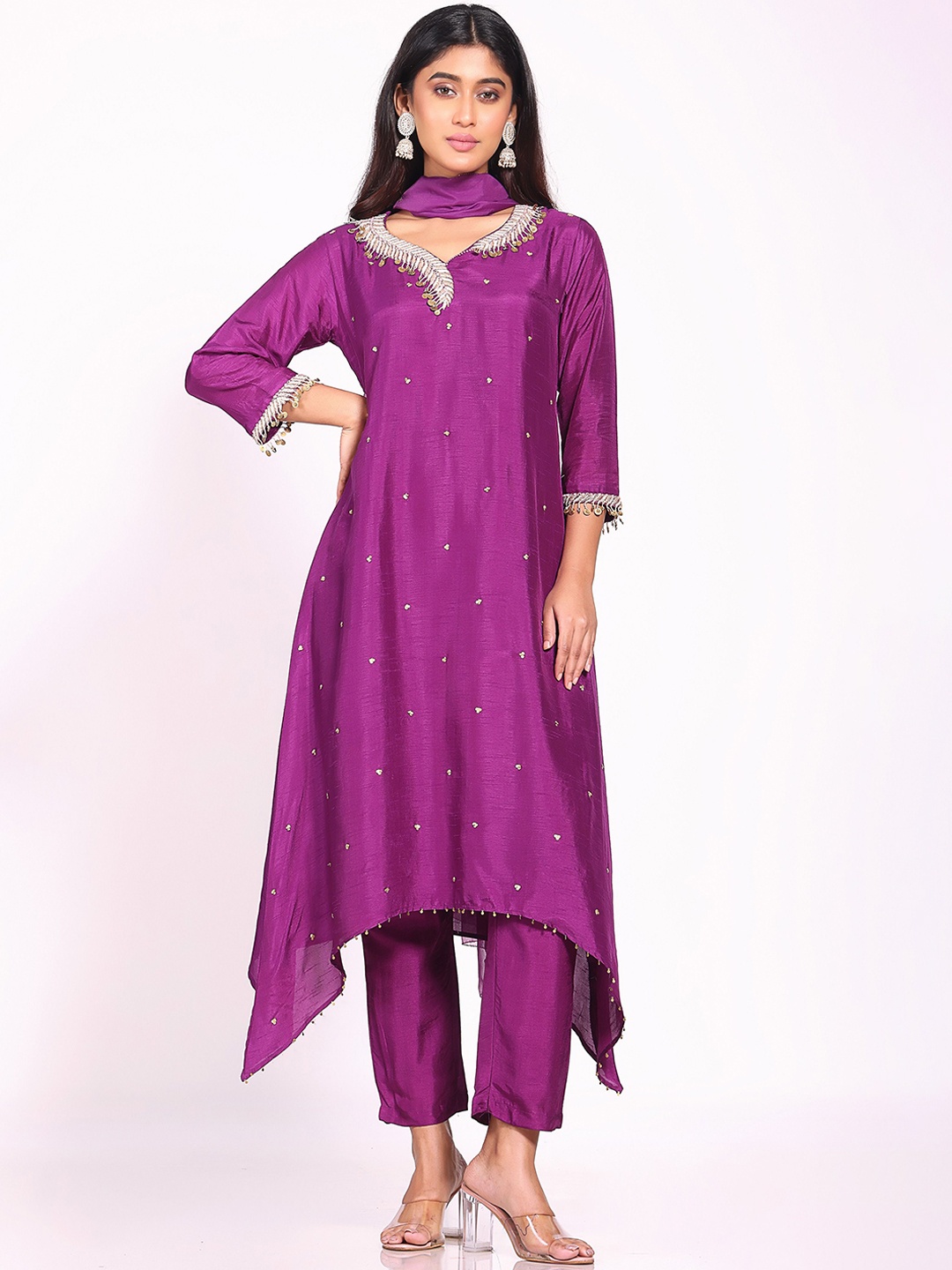 

ORAT Floral Embroidered Pure Silk A-Line Kurta With Salwar & Dupatta, Purple