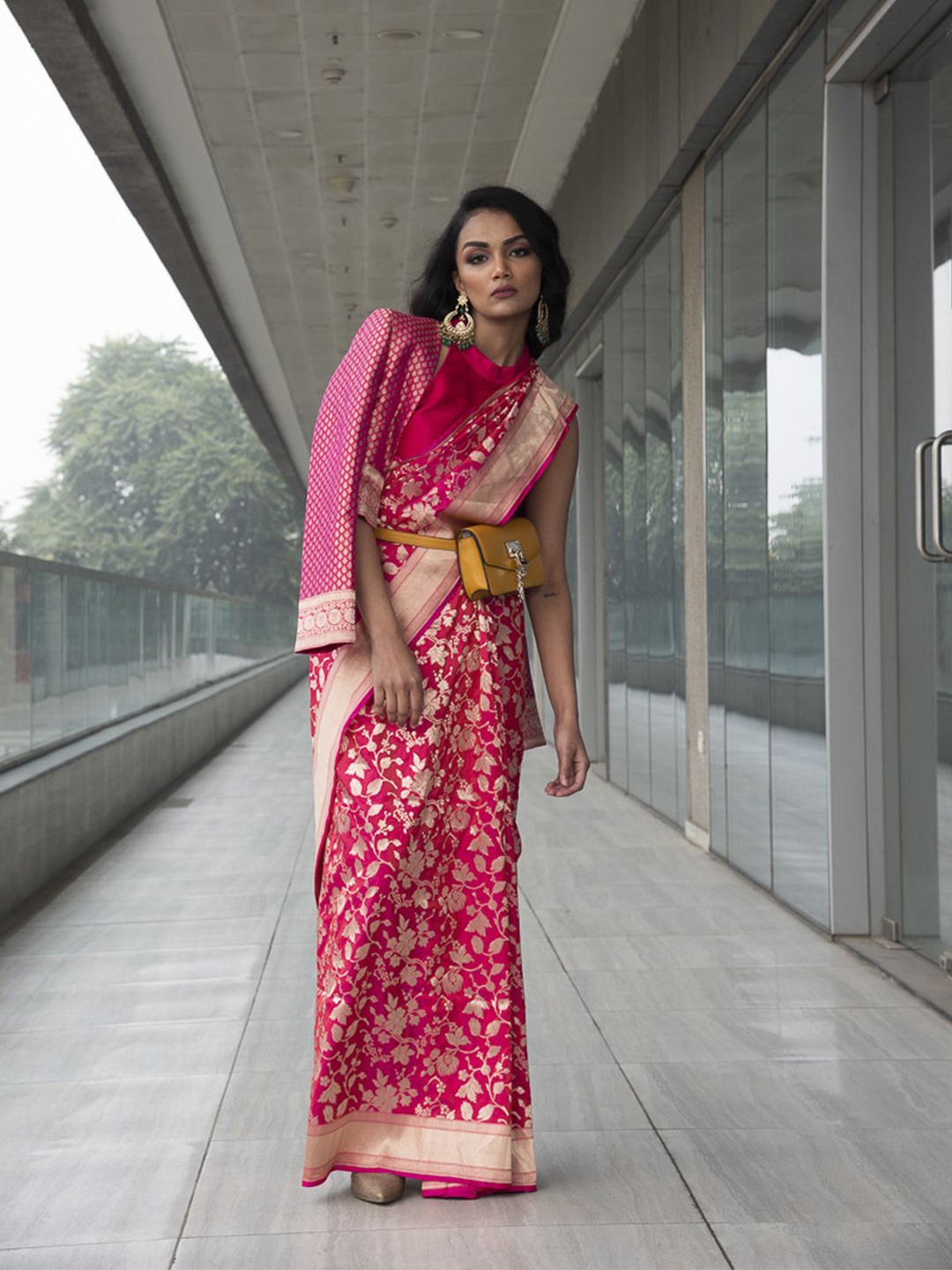 

Neha Tarun Woven Design Zari Pure Silk Saree with Halter Neck Blouse & Brocade Jacket., Fuchsia