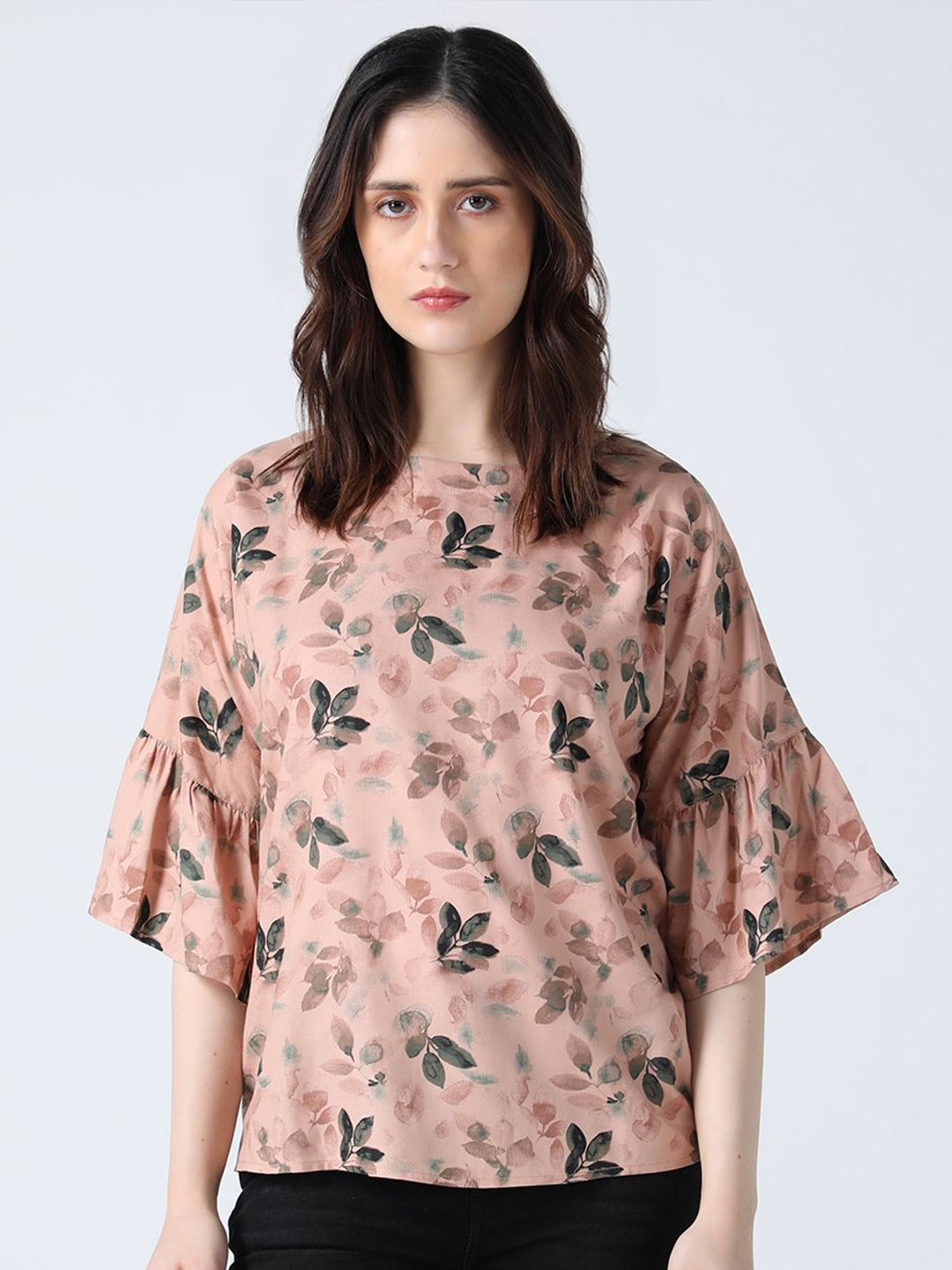 

IDK Women Floral Printed Boat Neck Top, Beige