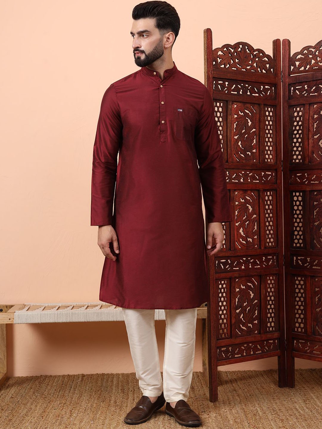 

Latest Chikan Garments Band Collar Dupion Silk Straight Kurta With Churidar, Maroon