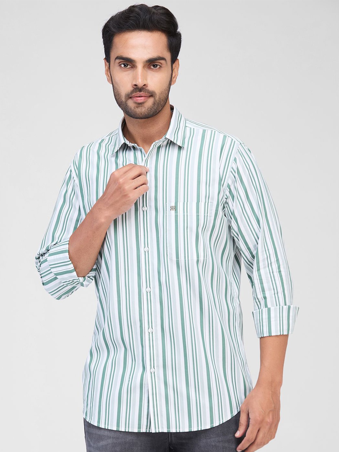 

Raymond Men Spread Collar Vertical Striped Cotton Slim Fit Casual Shirt, Green