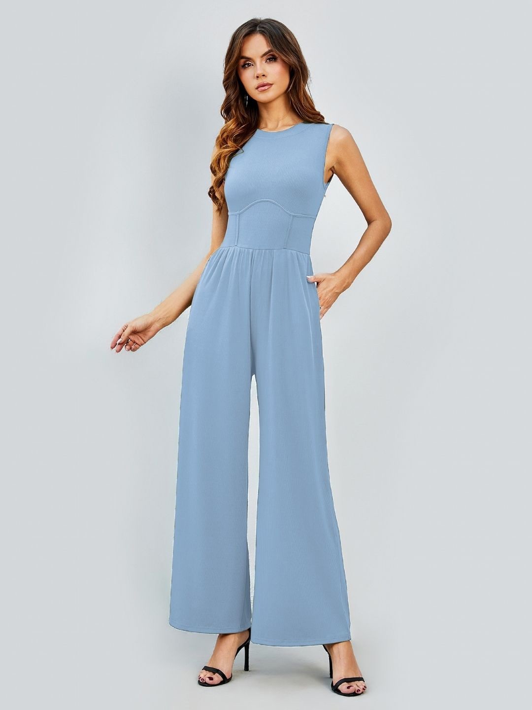 

KPOP Sleeveless Basic Jumpsuit, Blue