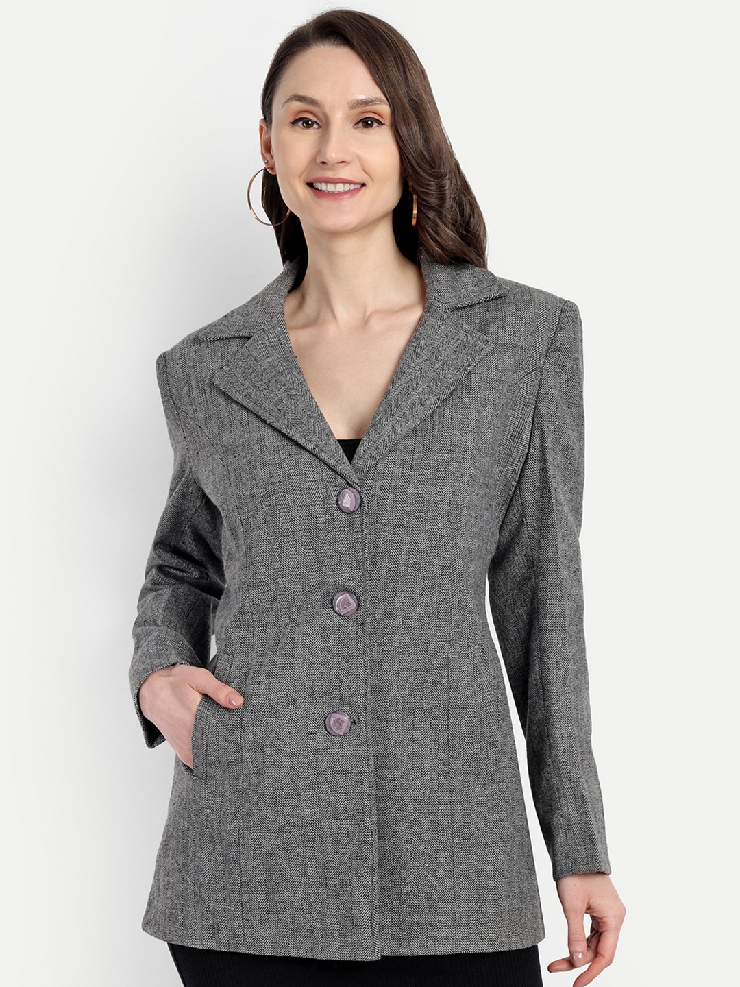 

HAUTEMODA Women Solid Notched Lapel Collar Single-Breasted Overcoat, Grey