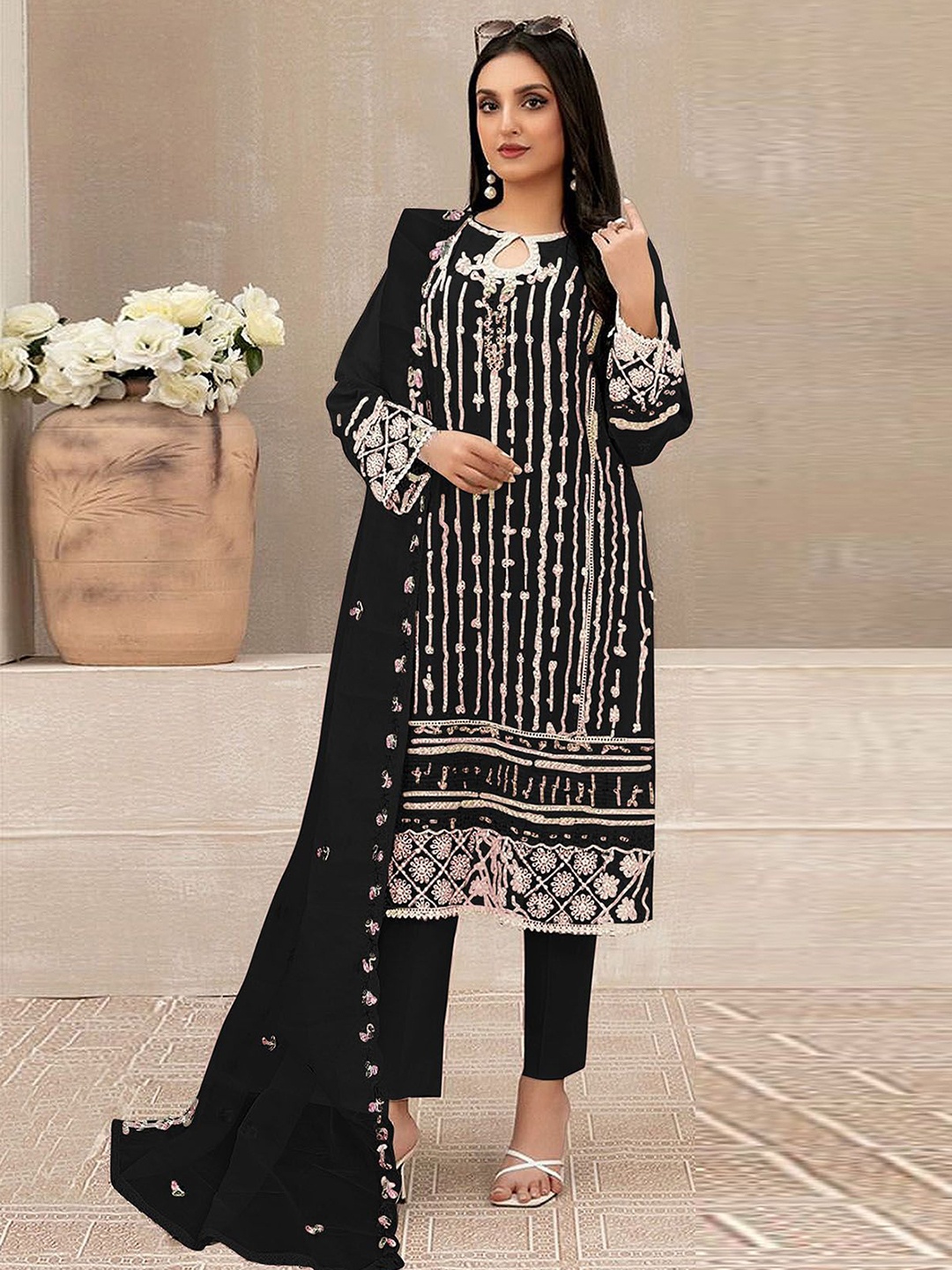 

ODETTE Floral Embroidered Georgette Straight Kurta With Trousers & Dupatta, Black