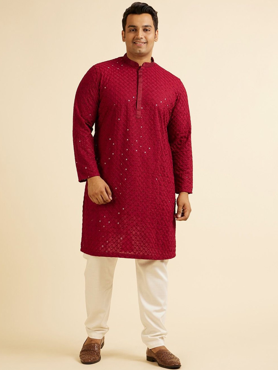 

Manyavar Plus Size Floral Embroidered Sequinned Kurta with Pyjama, Maroon