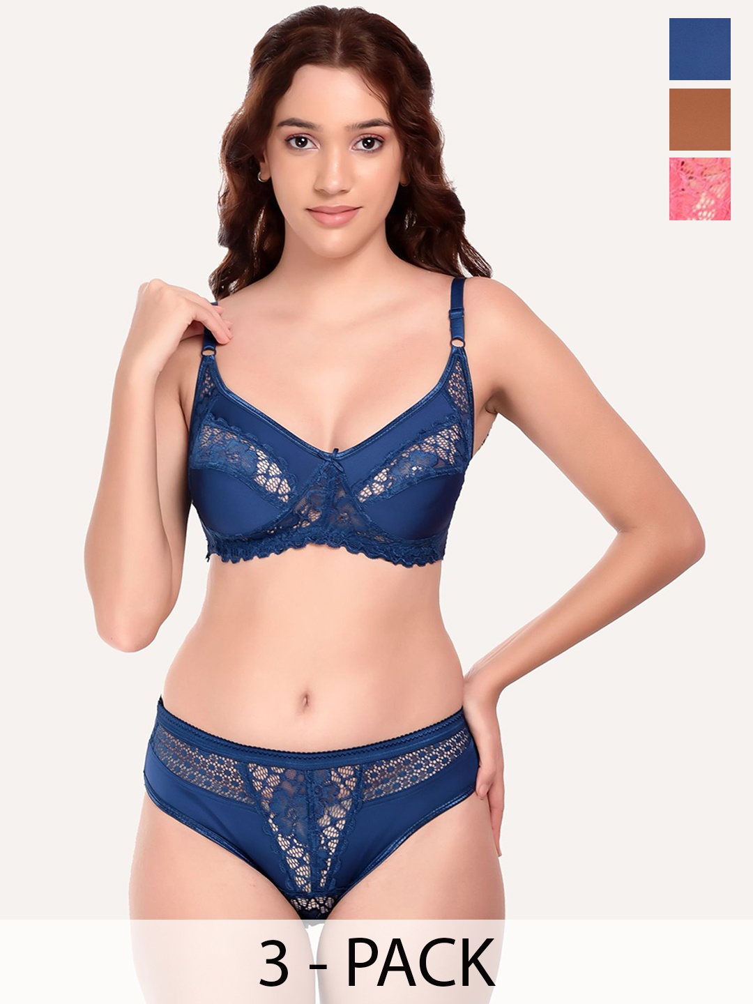 

DressBerry Pack Of 3 Self Design Lingerie Set SDS-5057-COMBO, Blue
