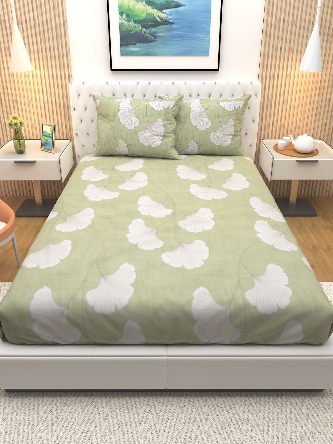 

Aura Green & White Floral Printed Cotton 180 TC Queen Bedsheet with 2 Pillow Covers