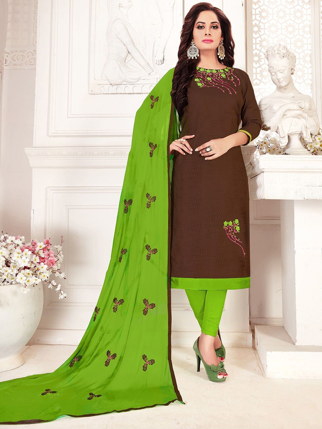

LADY SHOPI Floral Embroidered Thread Work Unstitched Dress Material, Brown