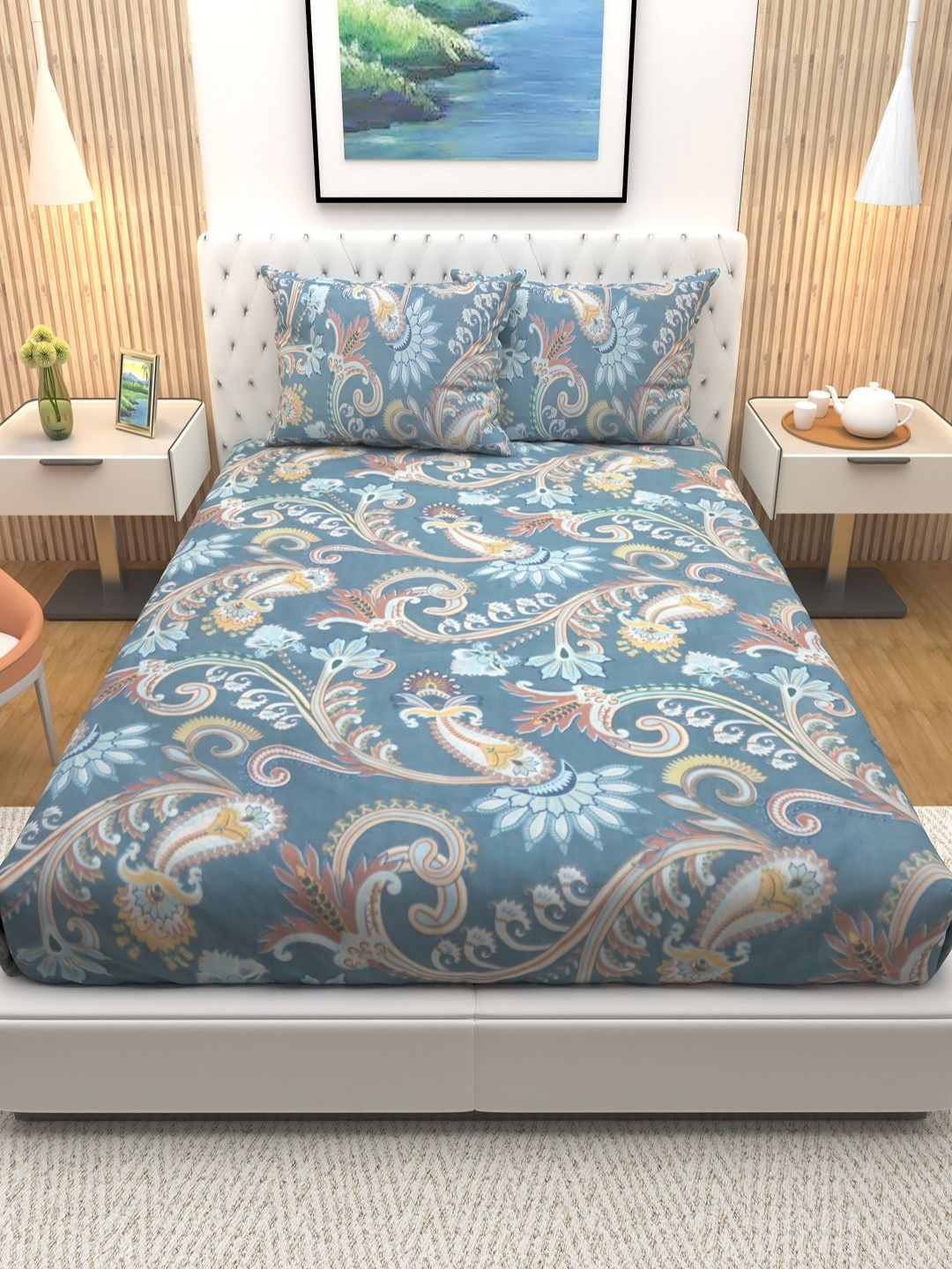 

Aura Blue & Brown Ethnic Motifs Printed Cotton 180 TC Queen Bedsheet with 2 Pillow Covers