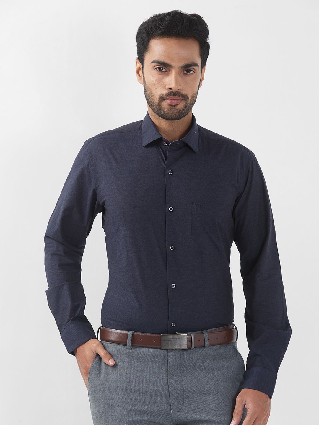 

Raymond Men Contemporary Spread Collar Solid Cotton Casual Shirt, Blue