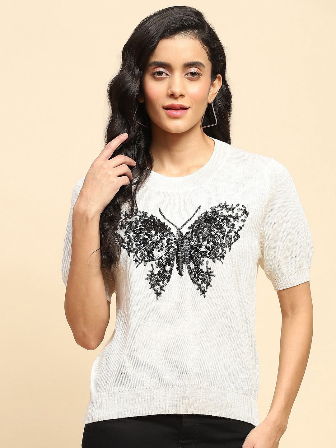 

Global Republic Women Graphic Printed Round Neck Top, Cream