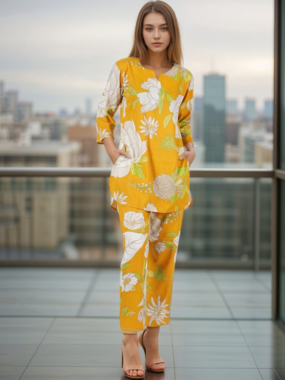 

BAESD Floral Printed Straight Kurta With Palazzos, Yellow