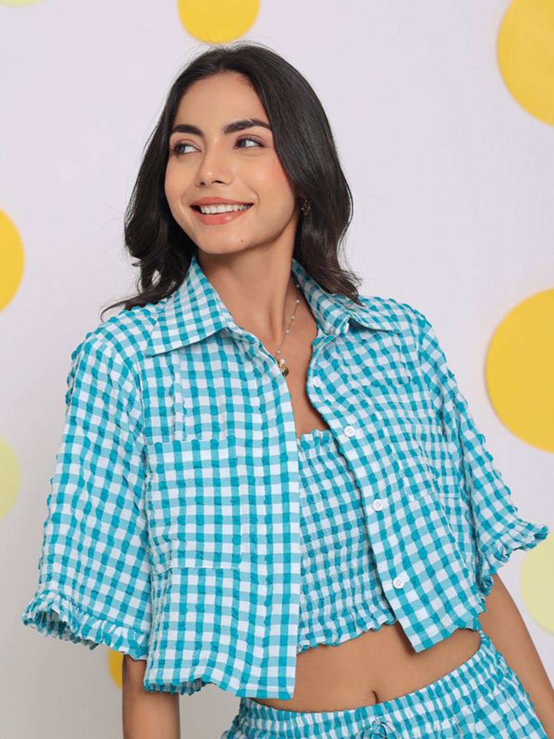 

KAORI BY SHREYA AGARWAL Women Checked Shirt Collar Polycotton Top, Green