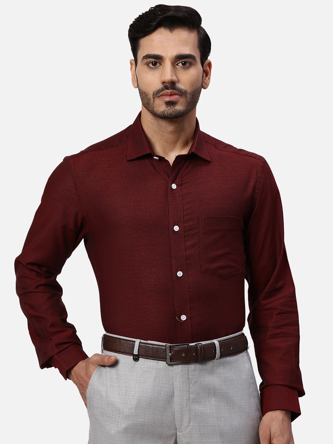 

Park Avenue Men Spread Collar Micro Ditsy Printed Cotton Formal Shirt, Maroon