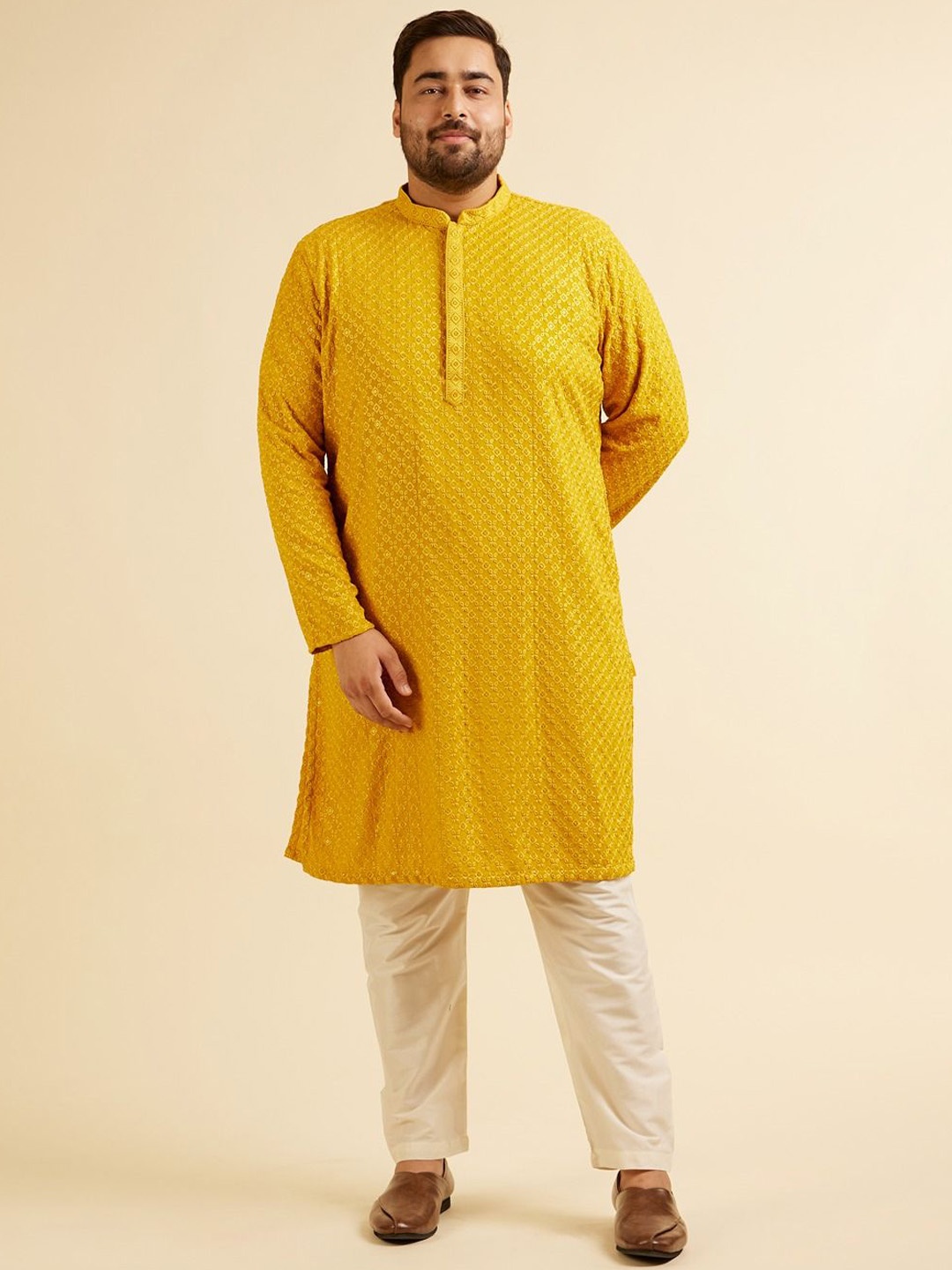 

Manyavar Plus Size Ethnic Motifs Embroidered Mandarin Collar Chikankari Kurta With Pyjamas, Mustard
