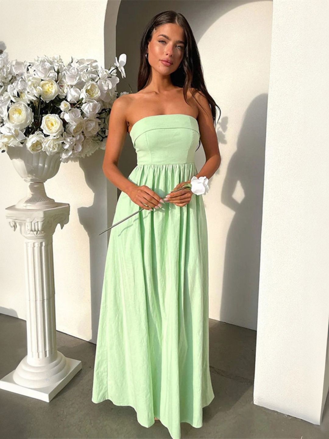 

KPOP Off-Shoulder A-Line Maxi Dress, Green