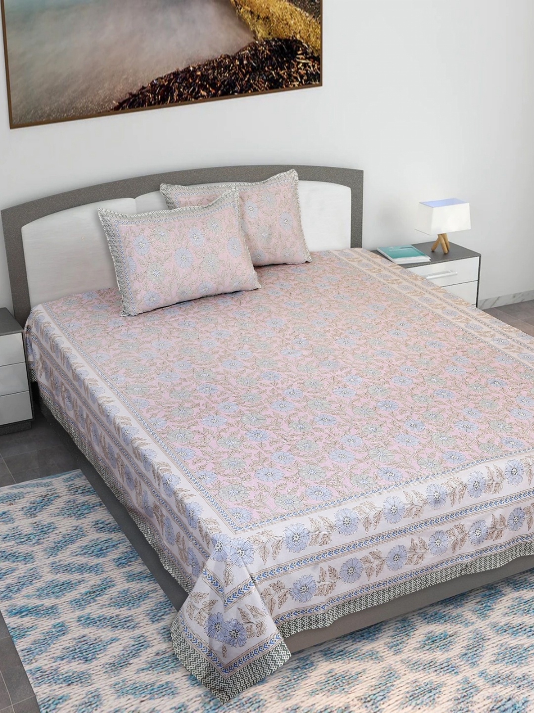 

Texstylers Blue & Pink Kantha Printed 210 TC Cotton Queen Bedsheet With 2 Pillow Covers