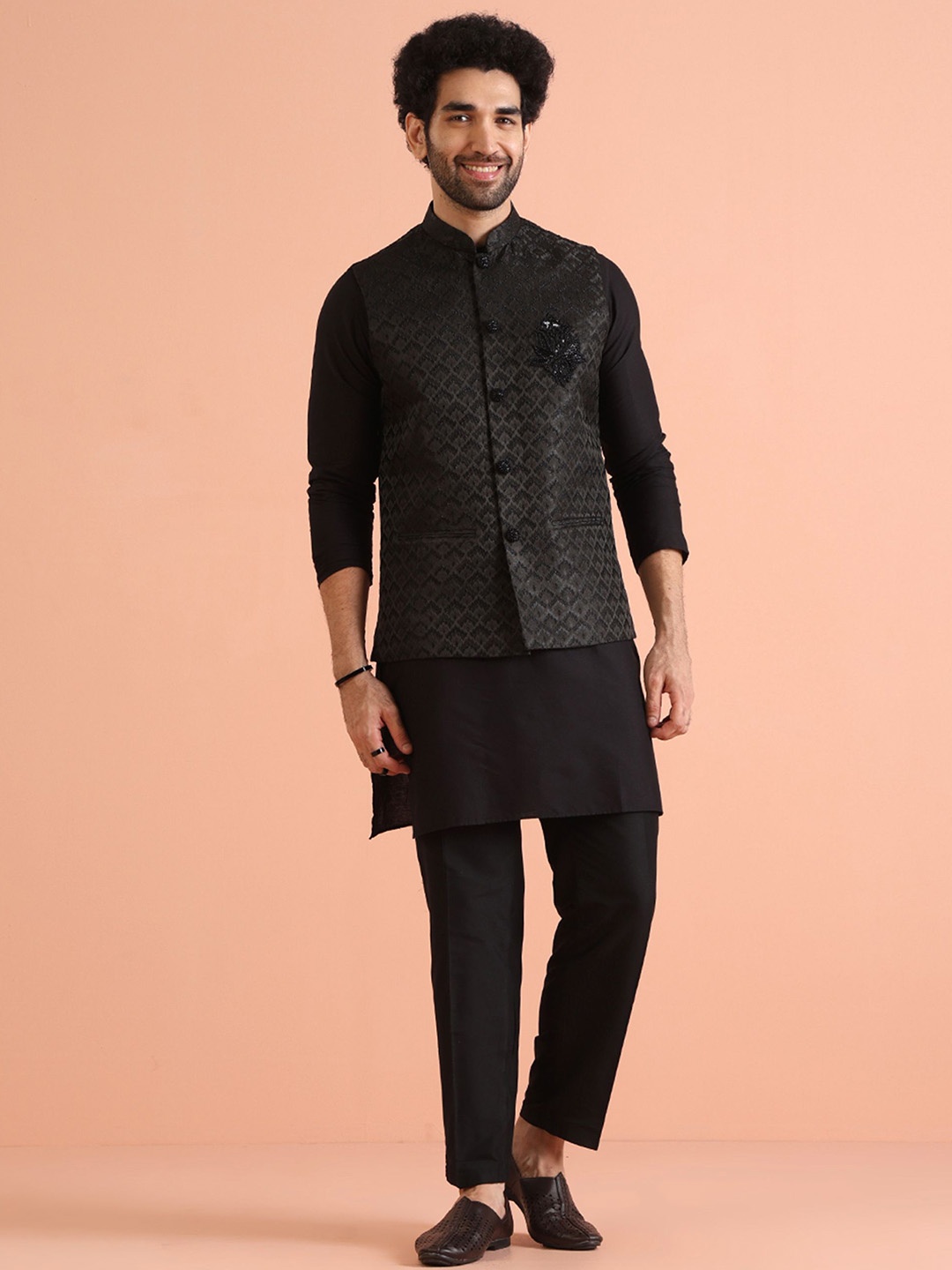 

KISAH Men Embossed Regular Fit Woven Design Kurta Nehru Jacket Trouser Set, Black