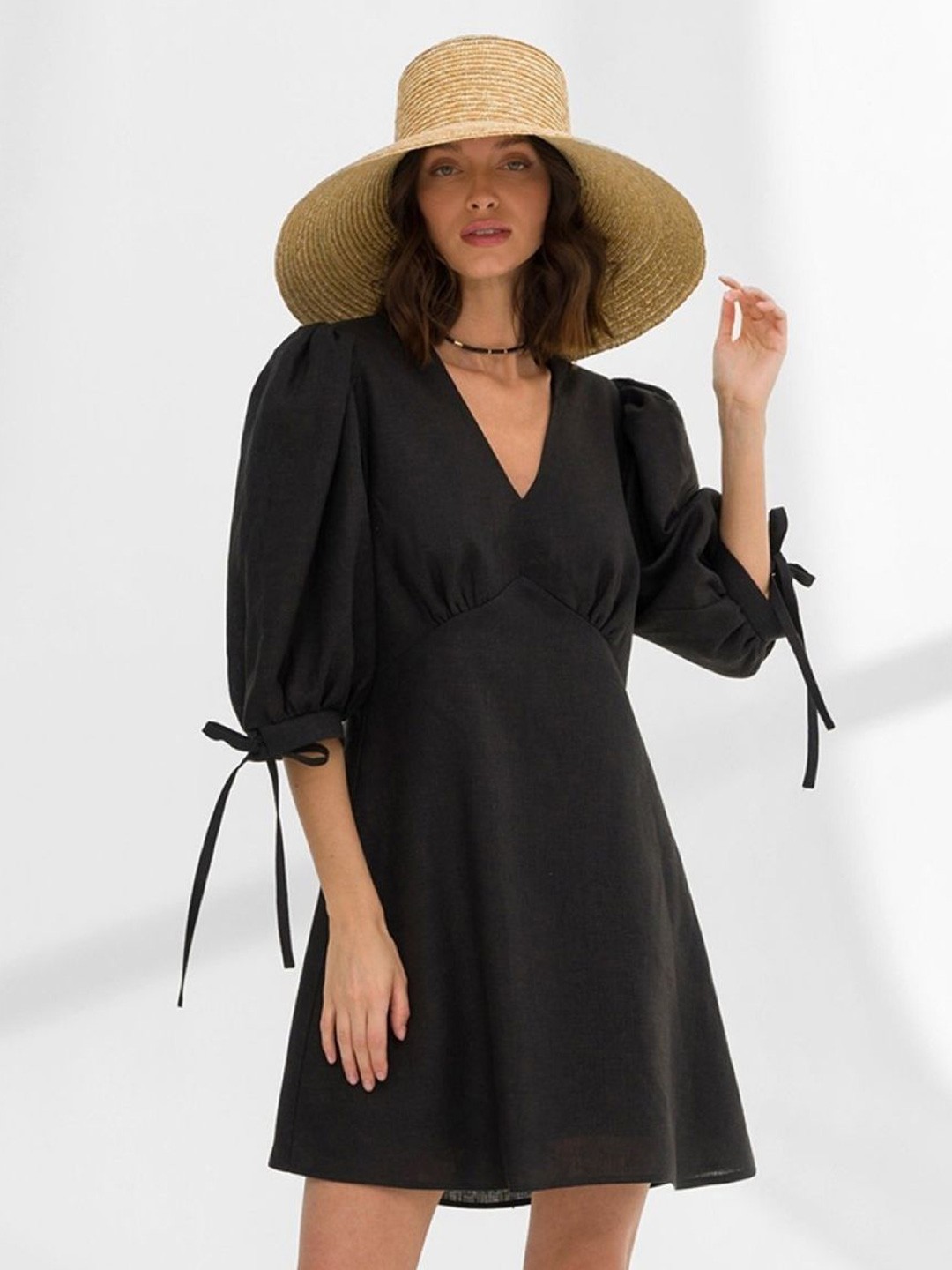 

KPOP Women's Cotton V-Neck Solid Puff Sleeve A-Line Knee Length Dress, Black