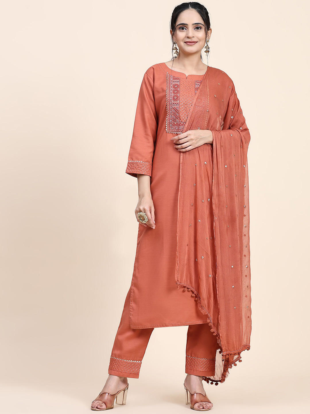 

Suha Ethnic Motifs Embroidered Thread Work Straight Kurta with Trousers & With Dupatta, Orange