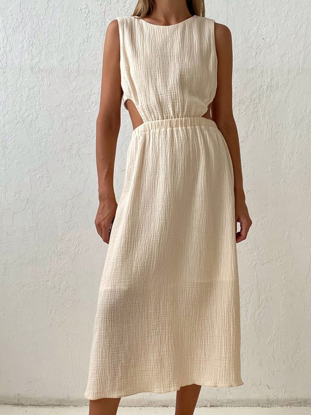 

KPOP Women Solid Round Neck Sheath Midi Dress, Cream
