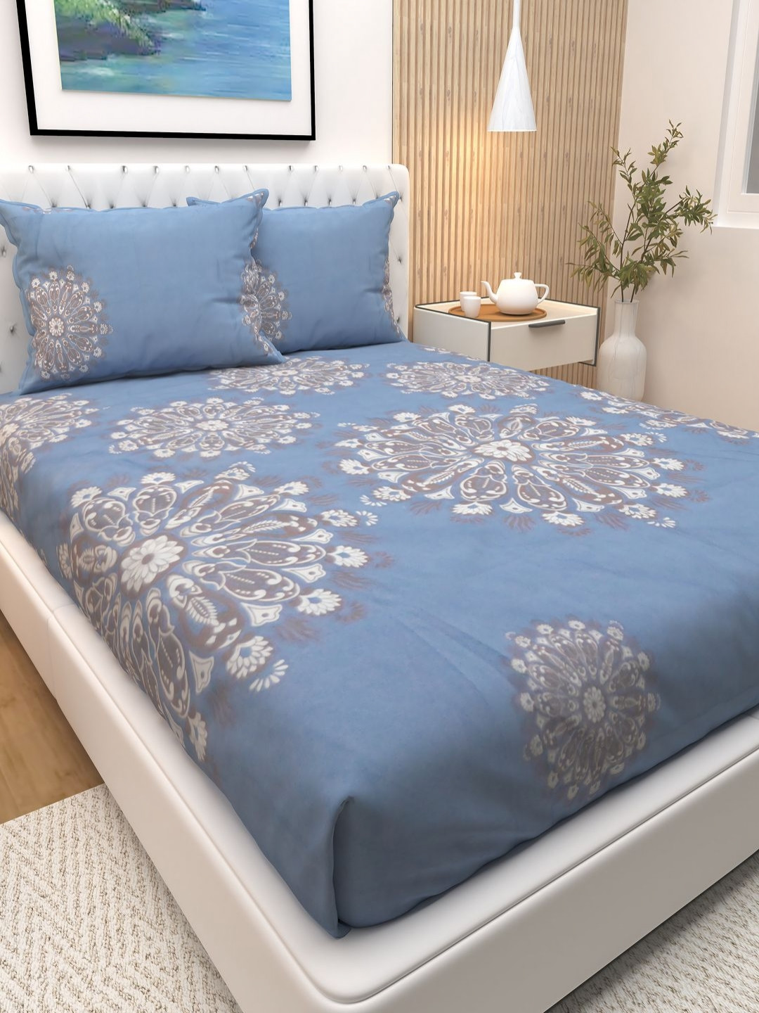 

Athom Living Blue Ethnic Motifs Printed Cotton 180 TC Queen Bedsheet & 2 Pillow Covers