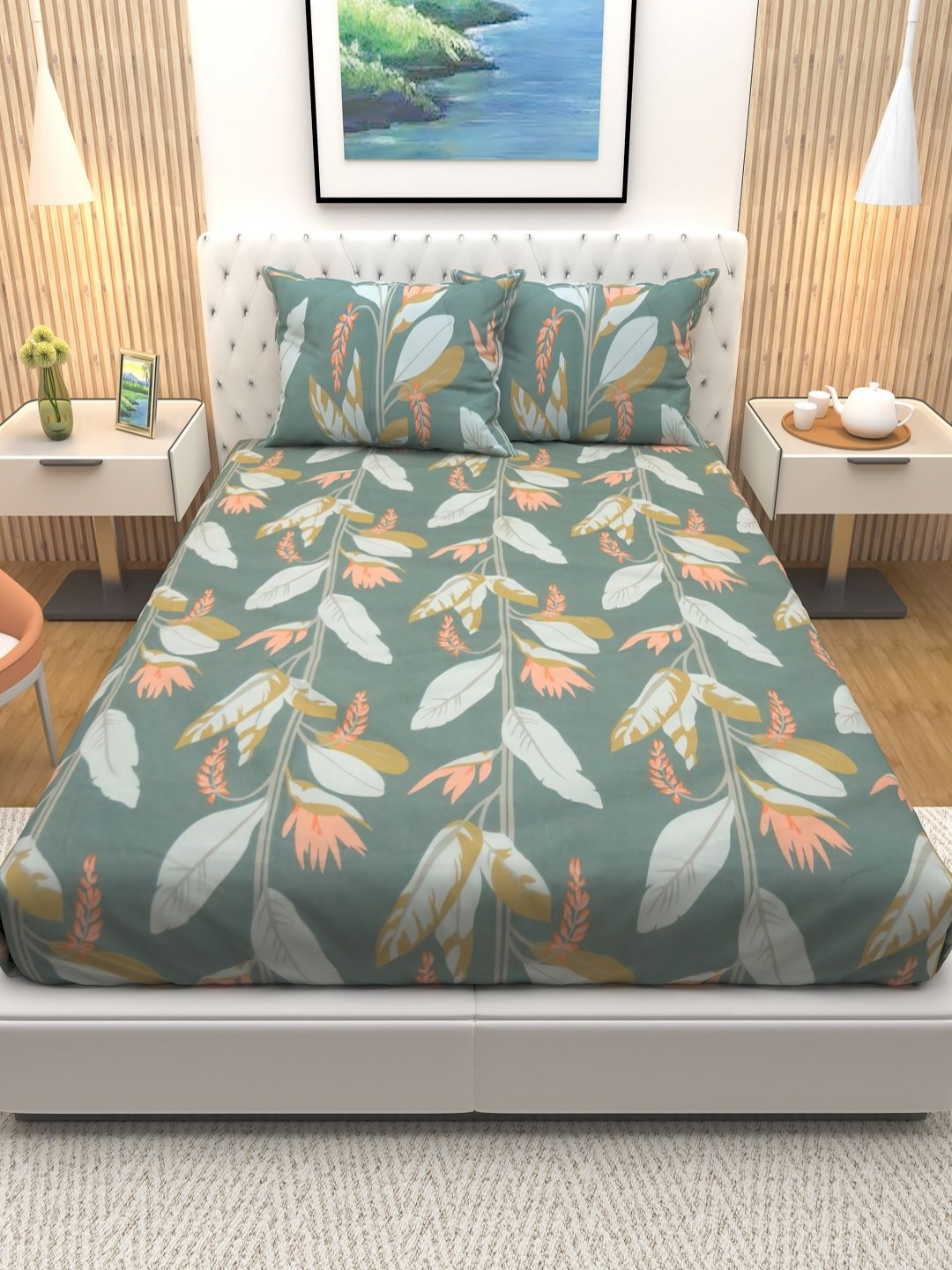 

Aura Green & Peach Coloured Floral Printed Cotton 180 TC Queen Bedsheet & 2 Pillow Covers