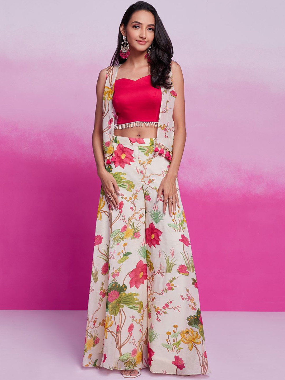 

Fusionic Shoulder Straps Top & Palazzo With Shrug, Pink
