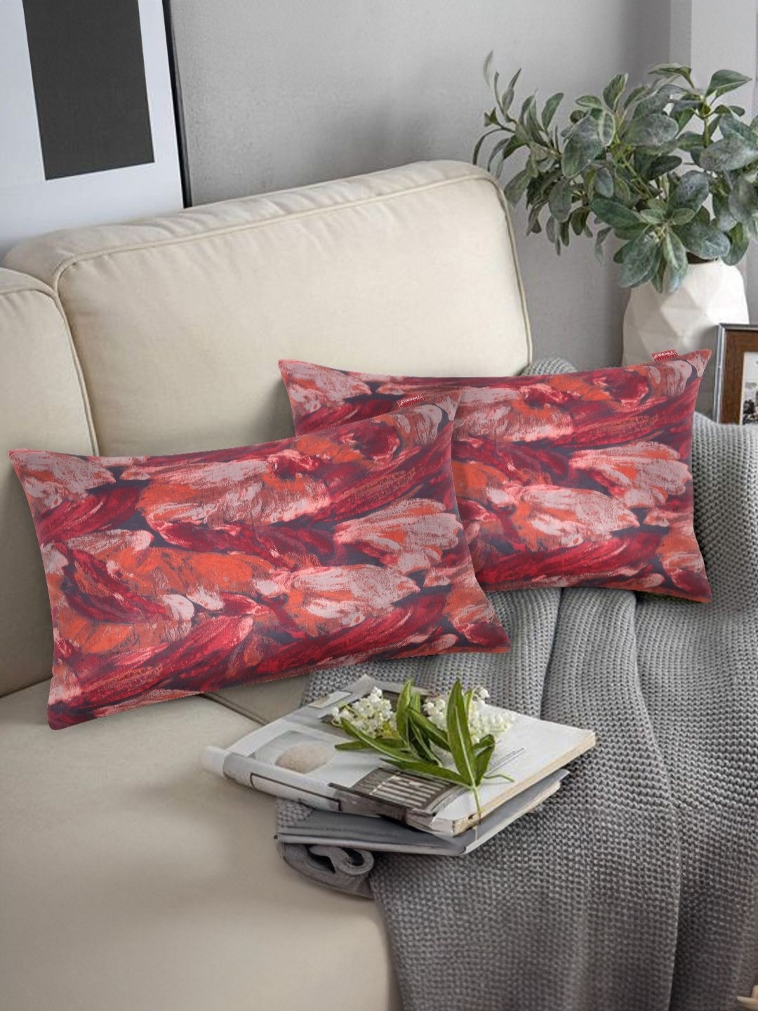 

Tesmare Maroon & Orange-Coloured 2 Pieces Abstract Velvet Rectangle Cushion Covers