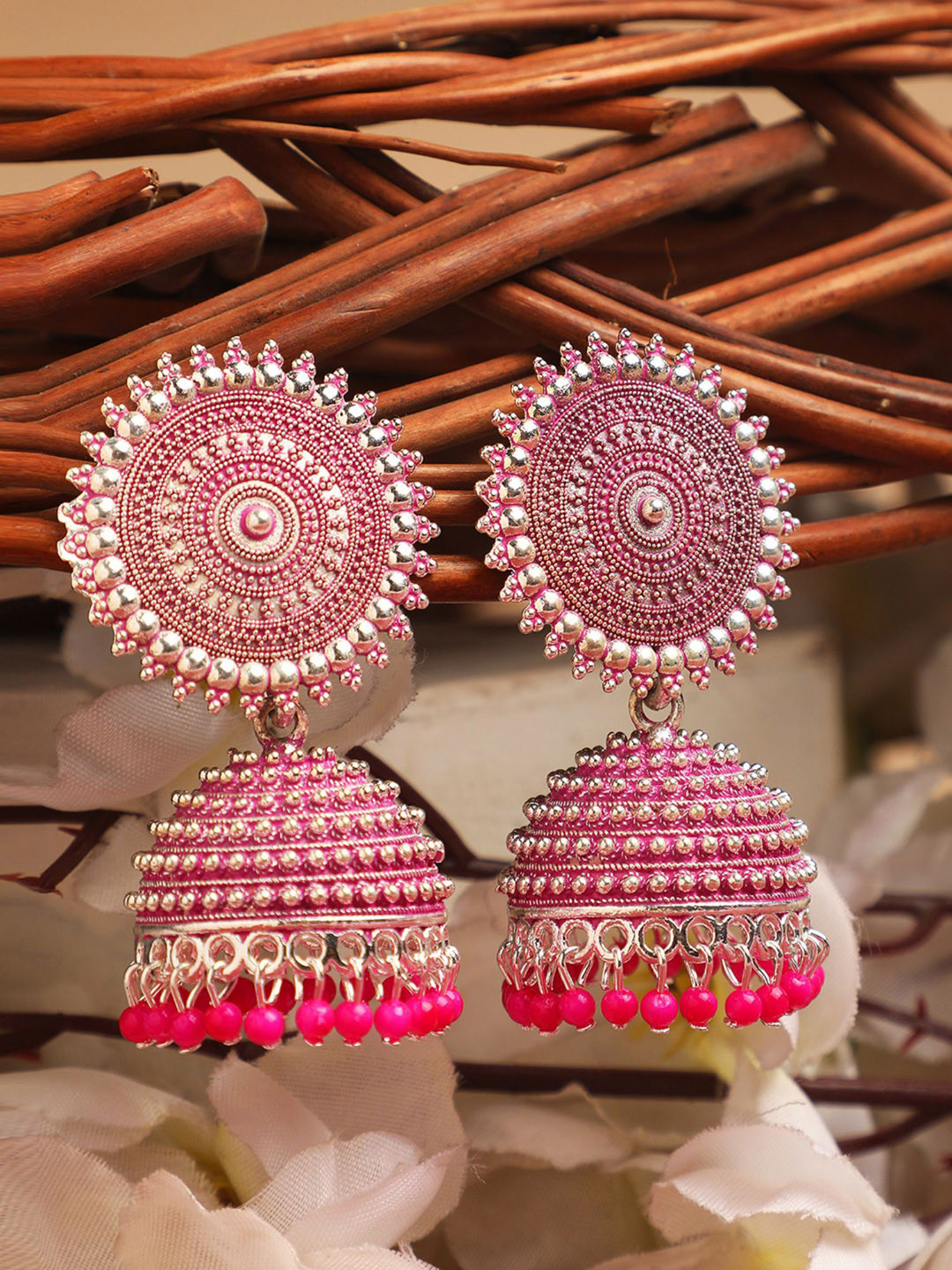 

ANIKAS CREATION Gold-Plated Beaded Dome Shaped Enamelled Jhumkas, Pink