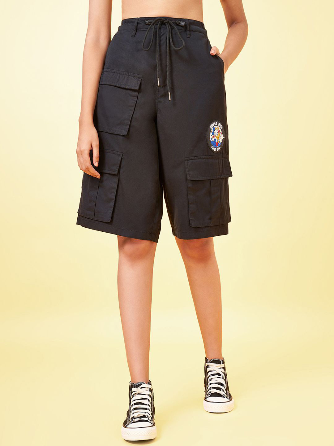 

Honey by Pantaloons Women High-Rise Pure Cotton Cargo Shorts, Black