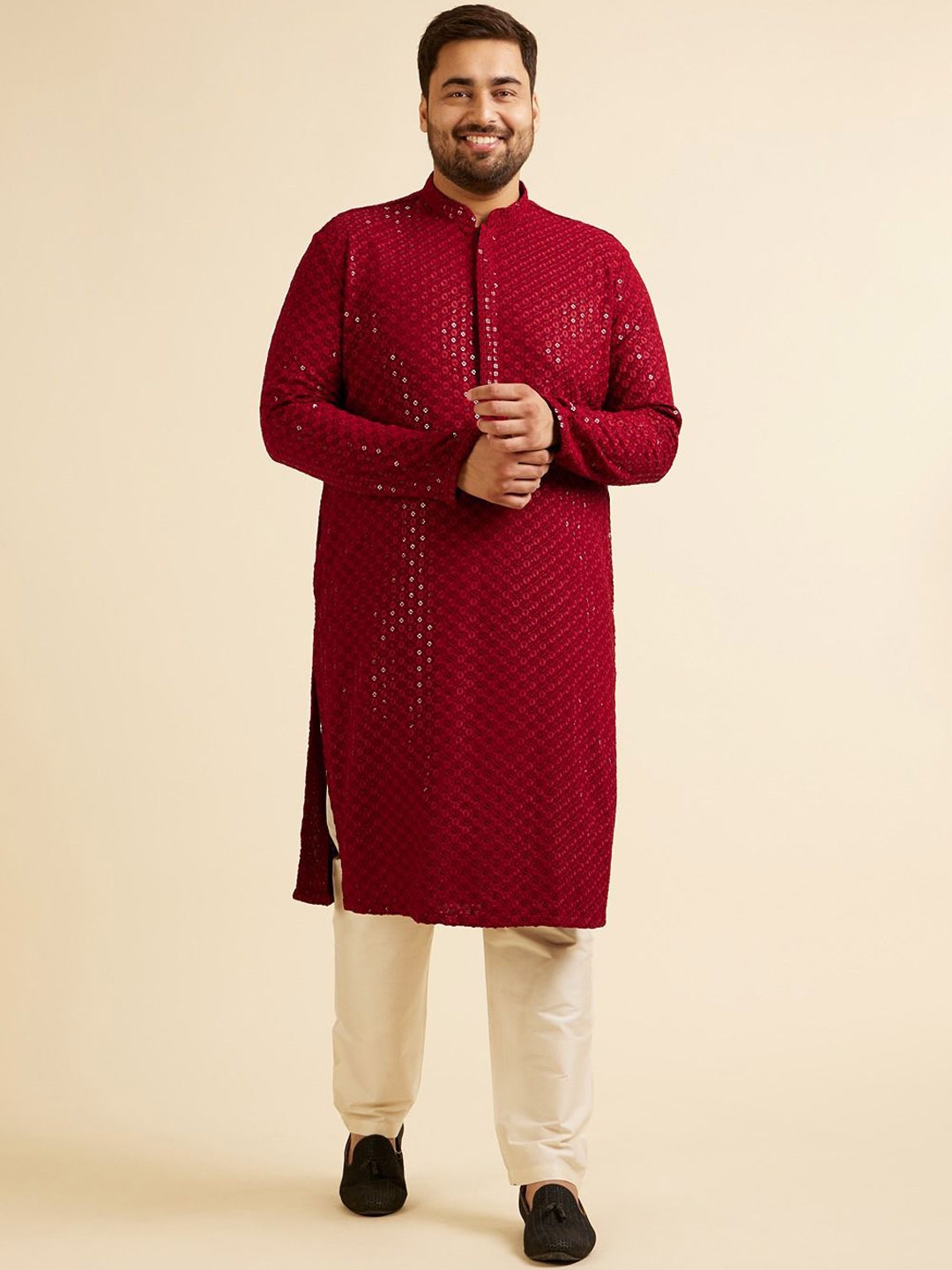 

Manyavar Plus Size Ethnic Motifs Embroidered Sequinned Kurta with Pyjama, Maroon