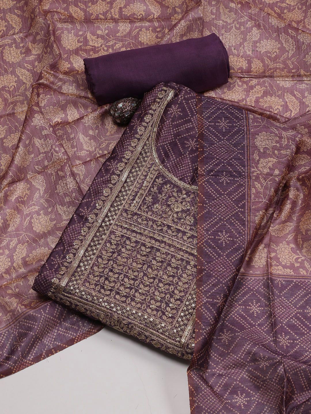 

Meena Bazaar Ethnic Motifs Printed Sequinned Art Silk Unstitched Dress Material, Purple