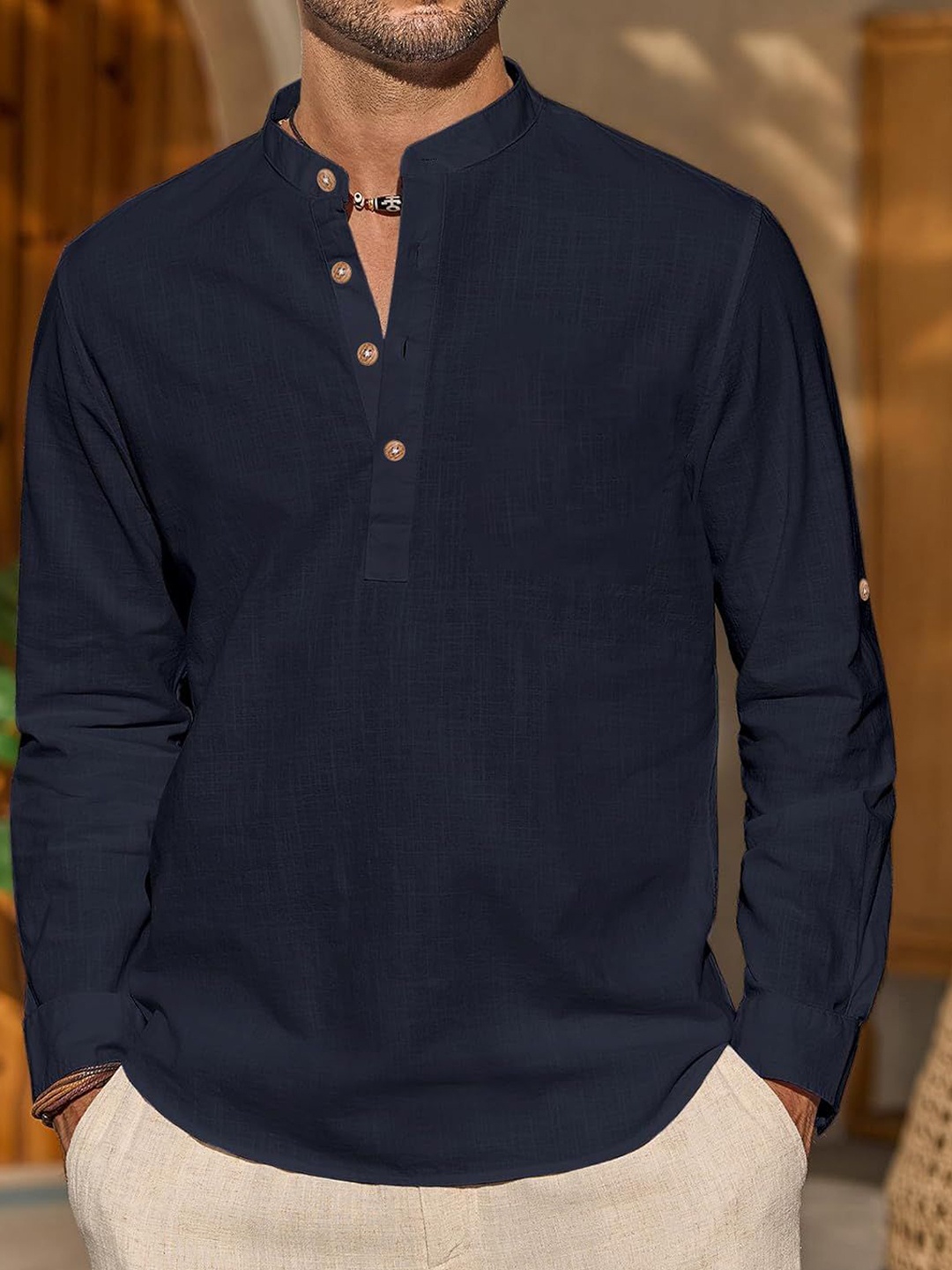 

Vida Loca Mandarin Collar Roll-Up Sleeves Cotton Short Straight Kurta, Navy blue