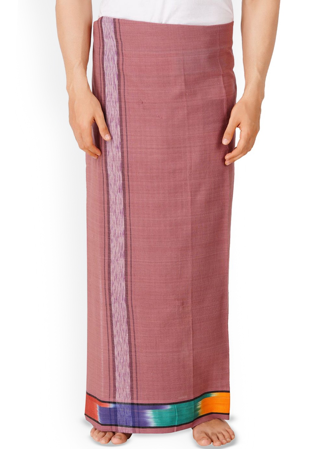 

ETHAZH Men's Cotton Dhoti with contrast Border, Peach