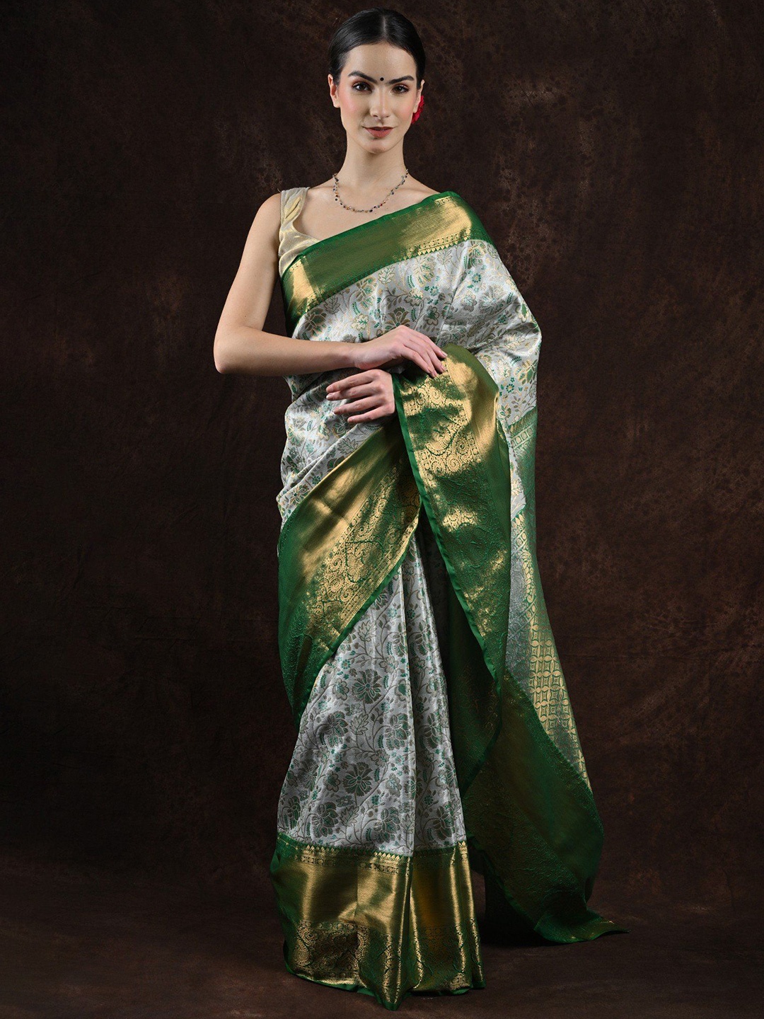 

Exotic India Glacier Gray Saree with Golden Thread Work Flowers and Peacock Wide Border, Grey